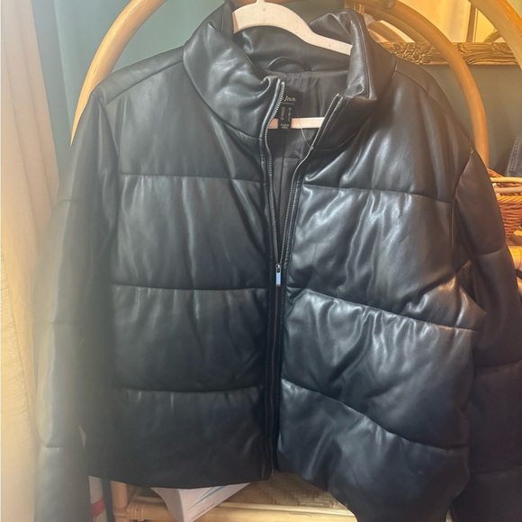 Black Leathef Puffer Jacket - Picture 1 of 4